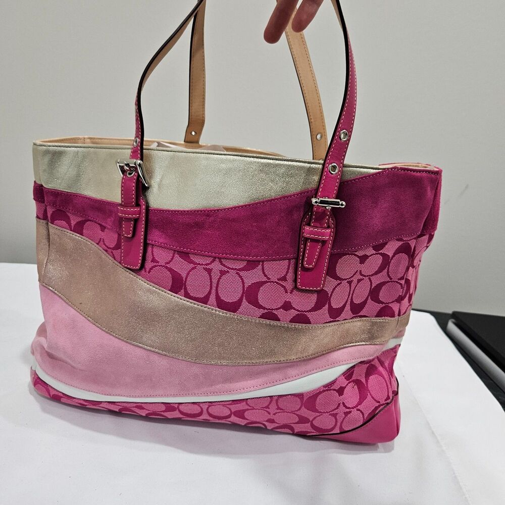 Vintage Coach Ltd Ed Signature Pink Wave Gallery Tote Bag Suede 1441 Multicolor - Picture 5 of 14